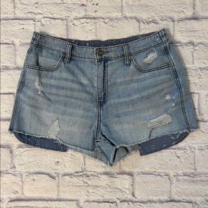 Aerie High Waisted Jean Shorts Light Wash Blue Denim Cut Off Hems Size Medium